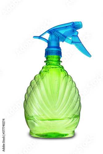 Plastic sprayer bottle with detergent isolated on white background. Detergent packaging with clipping path. Green plastic bottle for plant care and cleaning products.