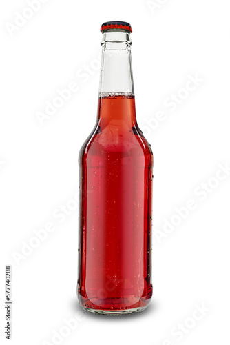 Closed glass bottle with soft drink in red color on a white isolated background. Element for design. Close-up. Advertisement for cold drinks.