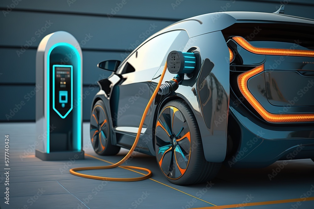 Closeup Electric car at charging station,Generative AI