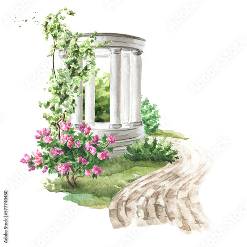 Park architecture. Garden decorative Rotund and walking path, Landscape design, Hand drawn watercolor illustration isolated on white background