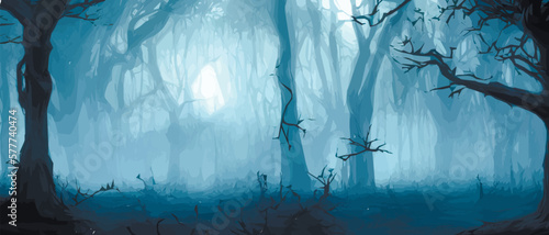 Canvastavla Silhouettes of trees in a dark night forest with a blue tint of fog