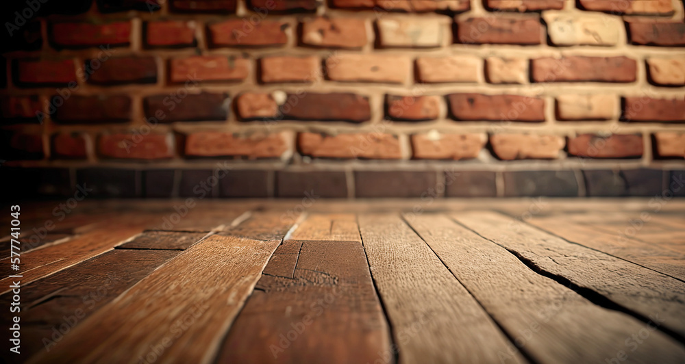 Rustic wooden floor against a brick wall - Generative AI