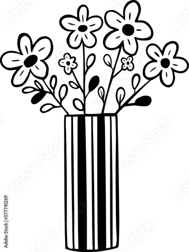 Camomile flower bouquet in pot in doodle style. Vector hand drawn illustration