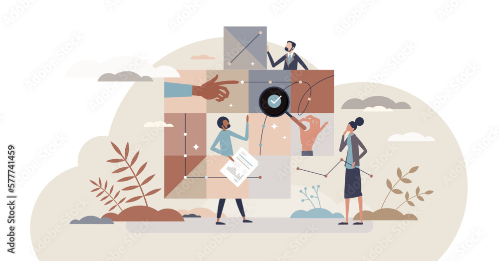Business intelligence and company strategy management tiny person concept, transparent background. Organization teamwork job with data mining and effective usage illustration.
