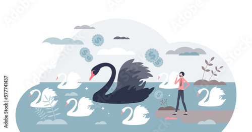 Black swan outlier as negative global financial effect tiny person concept, transparent background. Unpredictable and sudden economic loss or recession illustration. Metaphoric business collapse.