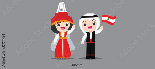 national dress with a flag. Man and woman in traditional costume. Travel to Lebanon. People. Vector flat illustration. photo