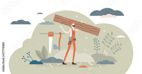 Carpenter illustration, transparent background.Wood construction occupation flat tiny persons concept.Maintenance service with handyman and fix equipment.