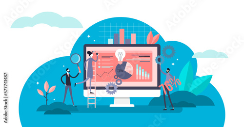 Business plan illustration, transparent background. Flat tiny financial analysis persons concept. Economical company future management teamwork process with presentation diagrams and charts.
