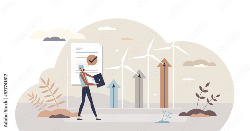Obraz premium Environmental engineer as sustainable future energy work tiny person concept, transparent background. Professional ecological power supply development.