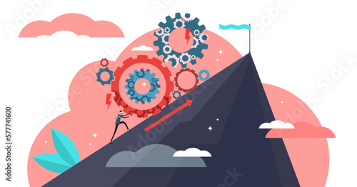 Effort illustration, transparent background.Flat tiny challenge conquering process person concept.Professional career development and motivational work with strength and energy.