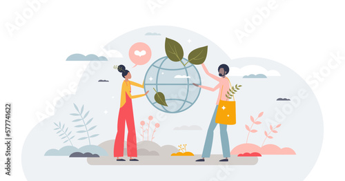 Environmental movement with climate awareness activists tiny person concept, transparent background. Ecology and sustainable climate problem solution with green lifestyle illustration.