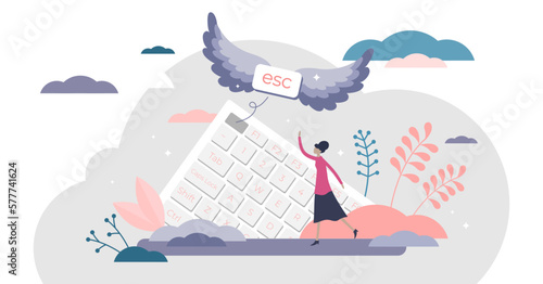 Escape button creative concept, flat tiny person illustration, transparent background. Leaving work and going to vacation holidays or getting fire and going after personal dreams.