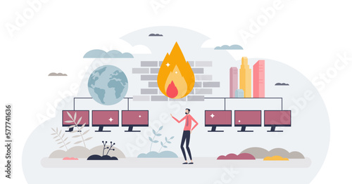 Firewall security for browsing and data protection tiny person concept, transparent background. Computer safe usage with privacy systems to avoid crime threat, infected files and hacking illustration.