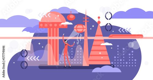 Future illustration, transparent background.Flat tiny next century tech city person concept.Urban and futuristic buildings cityscape.