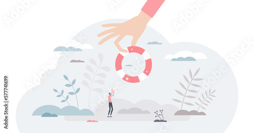 Giving hope with bailout and support in business crisis tiny person concept, transparent background.Financial help from government as rescue ring to save private company illustration.