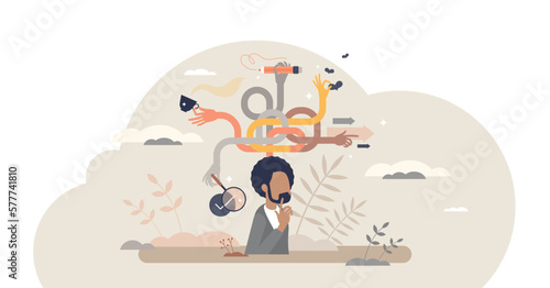 Multitasking mind skill and busy daily tasks management tiny person concept, transparent background. Schedule strategy to do all work together and simultaneously.