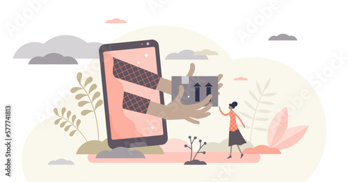 Online delivery illustration, transparent background. Website shopping flat tiny persons concept. E-commerce customer with parcel purchase and shipping transfer from shop to client.