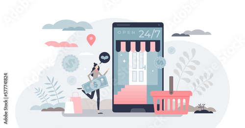 Online store shopping as purchase in e-commerce webshop tiny person concept, transparent background.Mobile internet sale for distant purchases with digital orders illustration.
