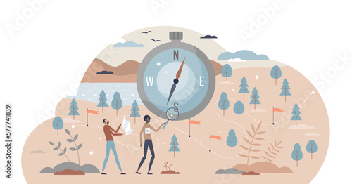 Orienteering sport with control point searching from map tiny person concept, transparent background. Adventure race using compass and topographical guidance illustration.