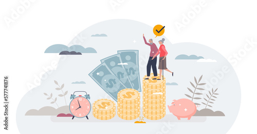 Pension fund and deposited finances for elderly times tiny person concept, transparent background. Financial plan with income part deposit for senior retirement illustration.
