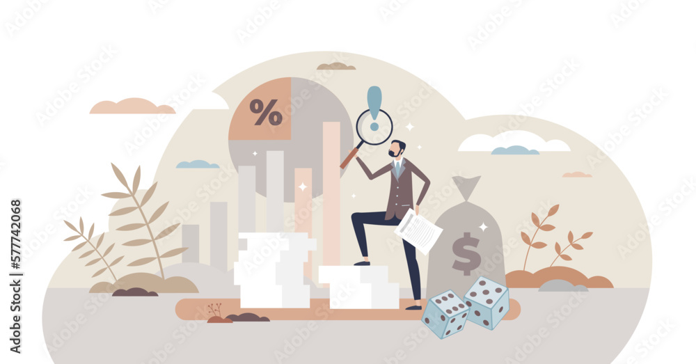 Actuary work to measure and predict risk or uncertainty tiny person concept, transparent background. Financial assessment service to evaluate risks and dangers illustration.