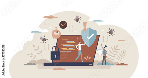 Testing software for functionality, bugs and errors tiny persons concept, transparent background. Analyzing application or webpage security with data code research and evaluation illustration.
