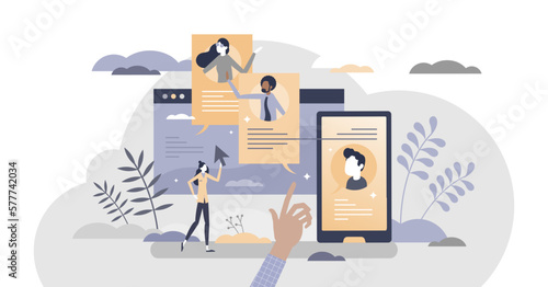 Virtual teams as distance talking or chatting method tiny person concept, transparent background. Work from home strategy using online technologies for teamwork communication illustration.