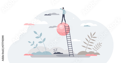 Visionary leadership with vision ir future opportunities tiny person concept, transparent background.Businessman looking beyond for company strategy or challenges illustration.