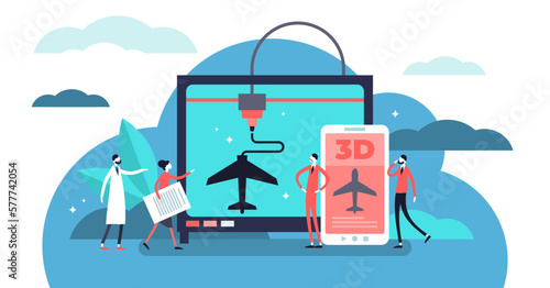 3D printing illustration, transparent background. Flat tiny plastic technology persons concept. Prototype creation process with innovative layered material.