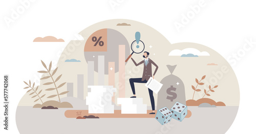 Actuary work to measure and predict risk or uncertainty tiny person concept, transparent background. Financial assessment service to evaluate risks and dangers illustration.