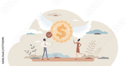 Angel investor with entrepreneurship funding money coin tiny person concept, transparent background. Initiative investment, idea financing and financial support for new businesswoman.