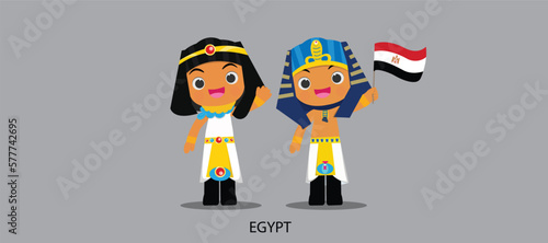 national dress with a flag. Man and woman in traditional costume. Travel to Egypt. People. Vector flat illustration.
