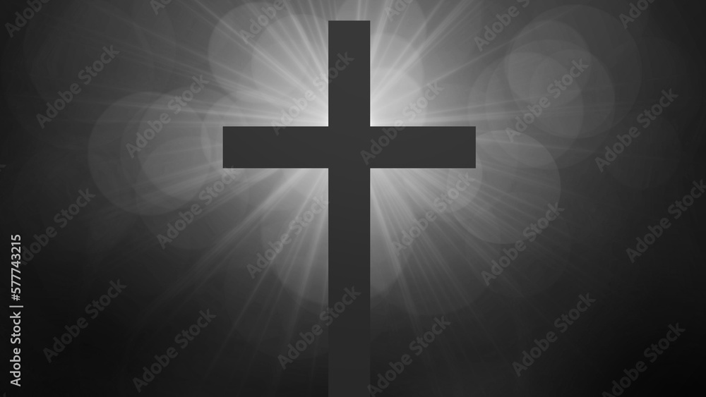 Jesus Christ risen. Cross surrounded by sun rays. Easter and resurrection concept. Black and white tones with bokeh