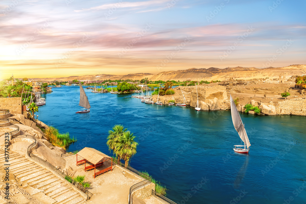 The Nile river and traditional feluccas in Aswan, Egypt, beautiful aerial view