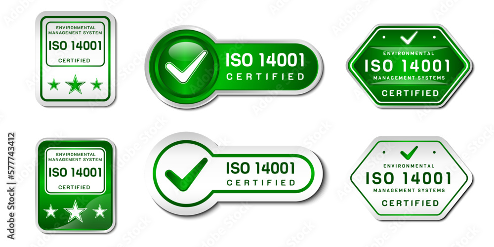 ISO 14001 Certified Label Stamp. Environmental management system Sign. With a check, and star icon. On gradient green and white color. Premium and luxury emblem vector template