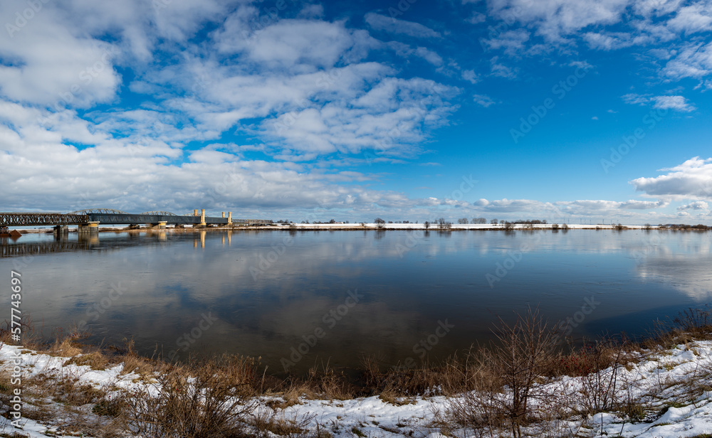 Obraz premium Tczew, historical bridge on Wisla river in Pomeranian Voivodeship, Poland at winter