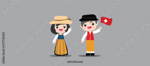 national dress with a flag. Man and woman in traditional costume. Travel to Switzerland. People. Vector flat illustration