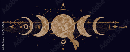 Vector illustration of mystical moon phases and dragonfly