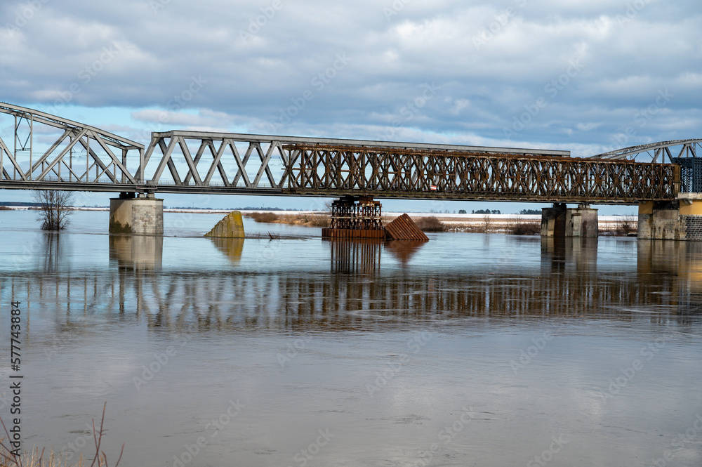 Obraz premium Tczew, historical bridge on Wisla river in Pomeranian Voivodeship, Poland at winter