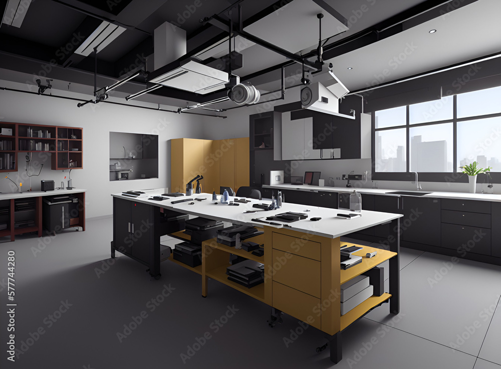 The atmosphere in the research laboratory in the morning. There are various laboratory apparatus for research work in it. Sunlight enters the laboratory through the window. The atmosphere in the research laboratory in the morning. There are various laboratory apparatus for research work in it. Sunlight enters the laboratory through the window.