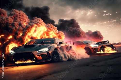 Car race, explosions and sparks. Race for survival. Fire and flame from under the wheels. AI