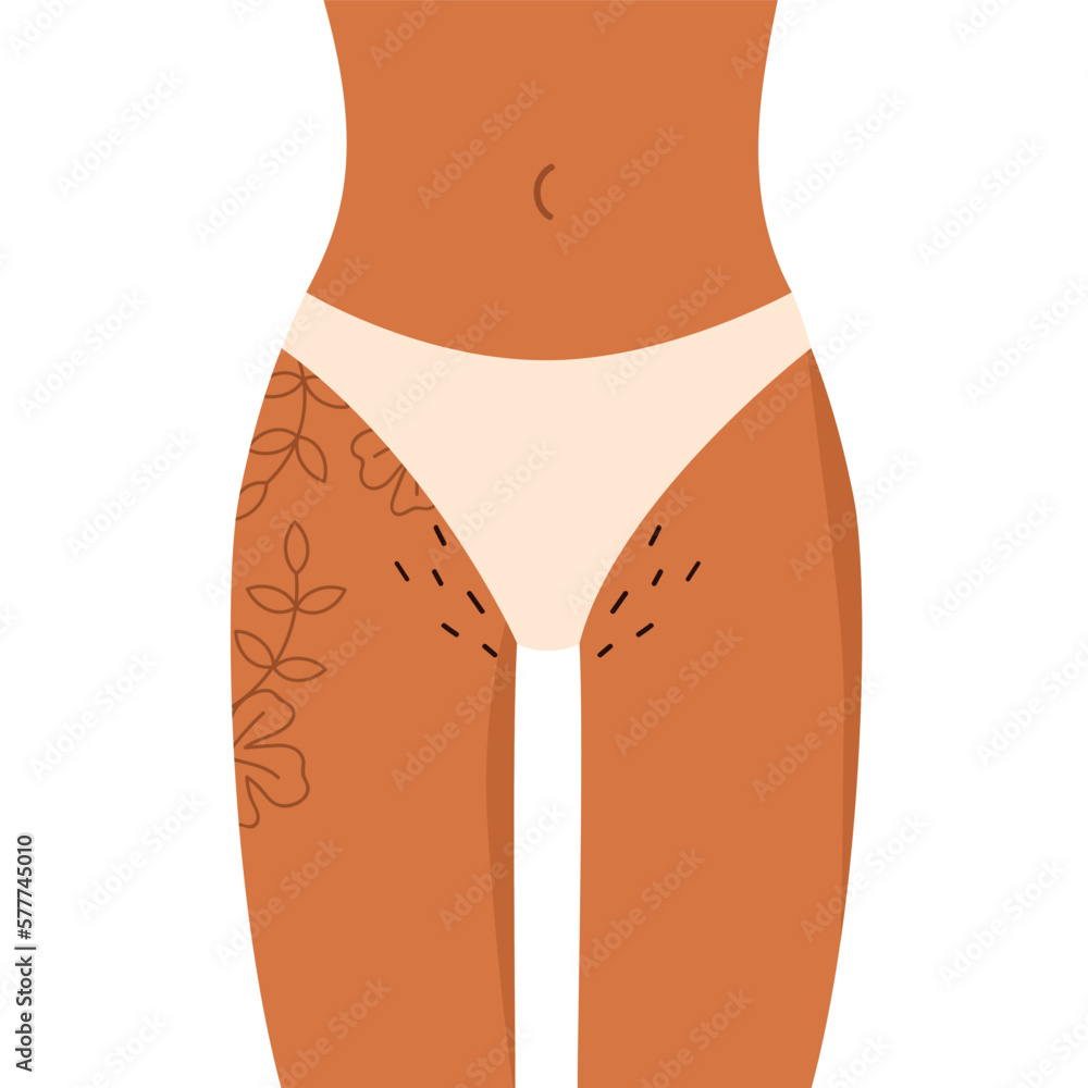 Female Hips With Flower Tattoo And Hairy Bikini Pubic Hair Body 