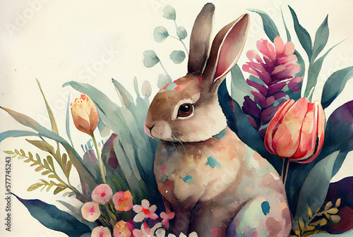 Watercolor painting of rabbit on card with copy space as illustration of Easter bunny hiding in eucalyptus and garden flowers generative AI art 