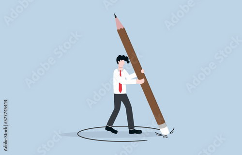 Crack comfort zone for personal growth, embrace discomfort and take risks to learn and experience new things, go beyond limit concept, Businessman erasing circular boundary around him.