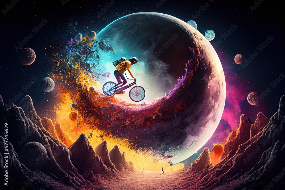 Delivery guy on bicycle on the moon, Moon rider, Half-pipe, colourful, generative aI, - obrazy, fototapety, plakaty 