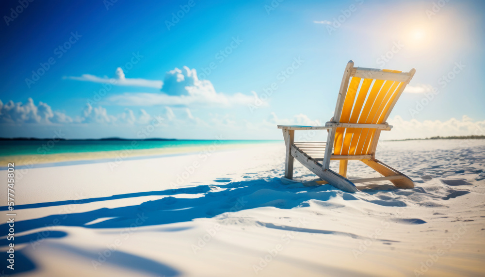 Enjoy the perfect summer day with a comfortable beach chair on a white sandy beach with a breathtaking view of the blue ocean.  -- Perfect Holyday destination for summer Generative AI.	