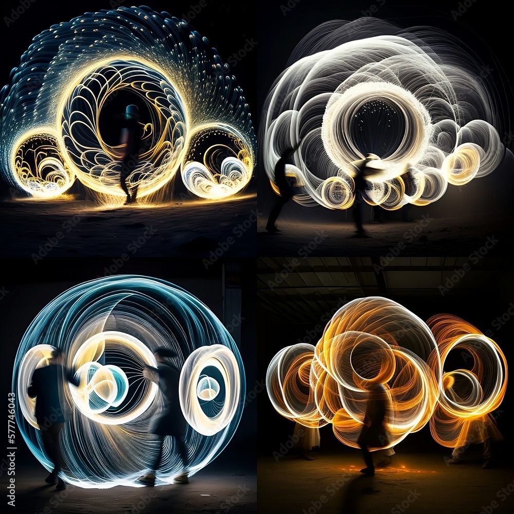 People make circular movements with glowing objects. Images with long ...