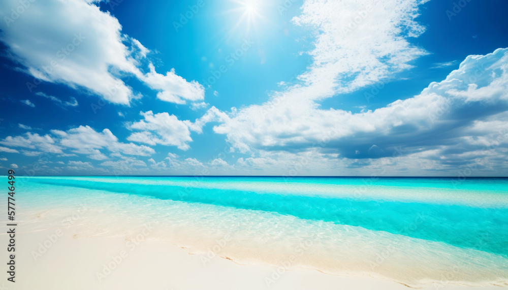 Beautiful View of a White sandy Beach with Clear and Calm Ocean Waters-- Perfect Holyday destination for summer. Generative AI.