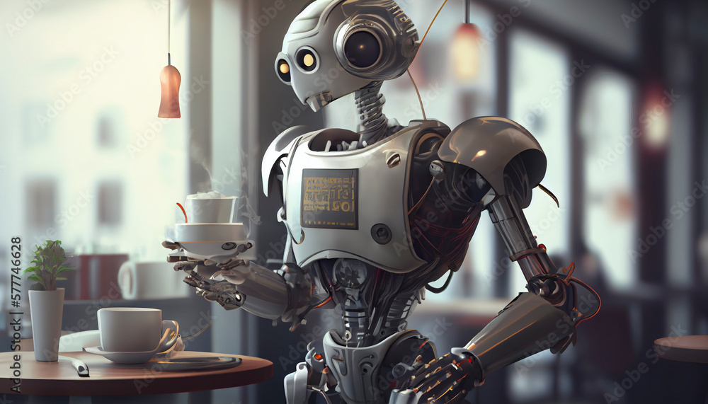 Fototapeta premium robot waiter serves customers in a city cafe, generated by ai