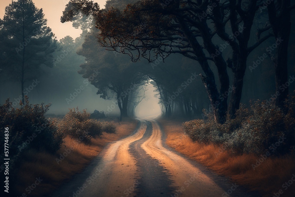 Dirt road through foggy forest. Generative AI Dirt road through foggy forest. Generative AI